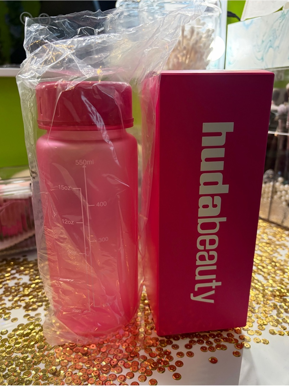 HUDA BEAUTY Pink Travel Water Bottle with Branded Box